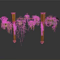 Decorative Garden Structure With Wooden Pillars Hanging Plants Red Flowers And Green Vines