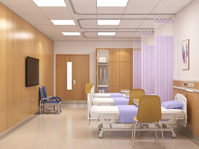 Modern Hospital Room Interior with Wooden Walls Purple Curtains TV Cabinet and Beds 3d model