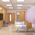 Modern Hospital Room Interior with Wooden Walls Purple Curtains TV Cabinet and Beds