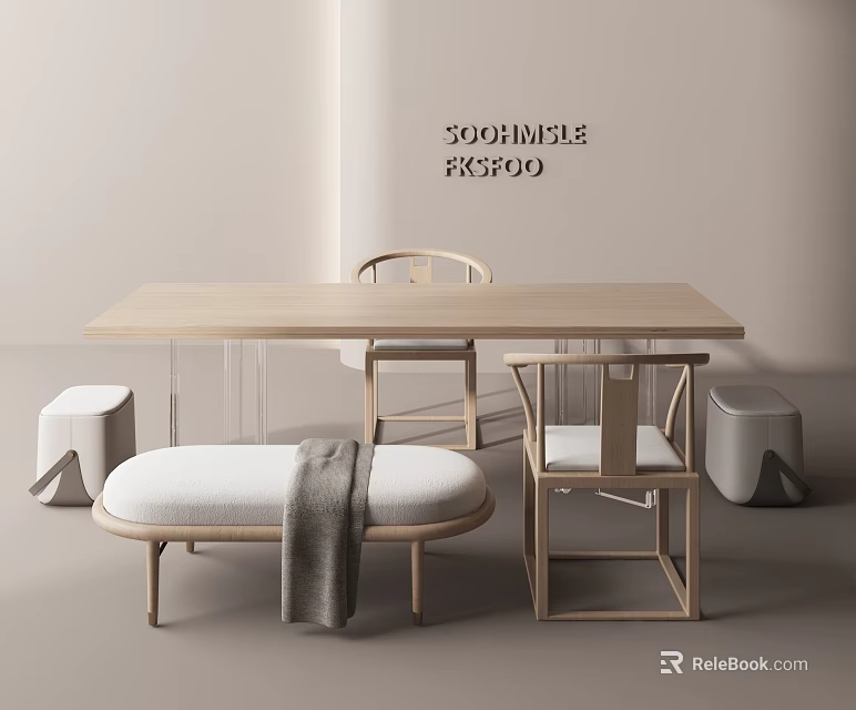 Modern Minimalist Wooden Tea Table and Chairs Set with Matching Bench and Soft Cushions 3d model 