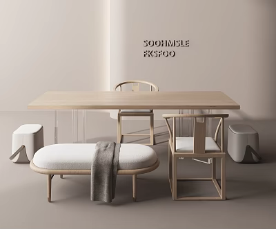 Modern Minimalist Wooden Tea Table and Chairs Set with Matching Bench and Soft Cushions 3d model
