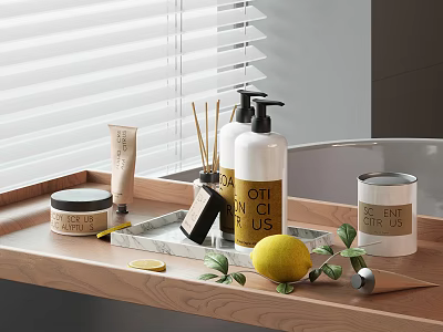 Bathroom Countertop Essentials With Marble Tray Hand Soap And Lemon Decor 3d model