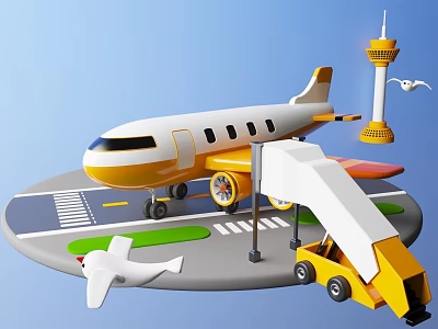 Toy Plane on Tarmac with Boarding Bridge Ground Service Vehicle Control Tower and Blue Sky 3d model