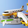 Toy Plane on Tarmac with Boarding Bridge Ground Service Vehicle Control Tower and Blue Sky