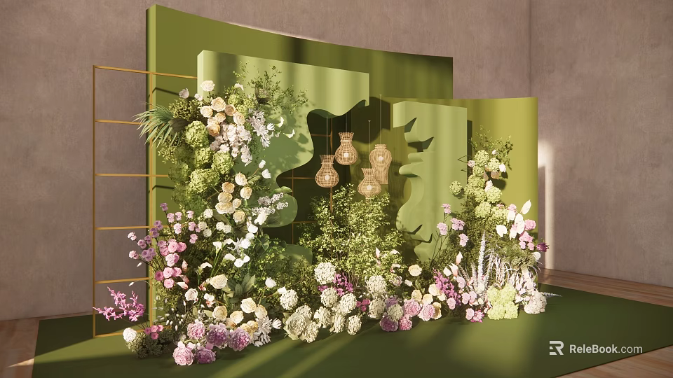 Floral Decoration Setup With Green Backdrop Gold Frame And Hanging Lantern Ornaments 3d model 