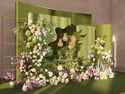 Floral Decoration Setup With Green Backdrop Gold Frame And Hanging Lantern Ornaments 3d model
