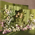 Floral Decoration Setup With Green Backdrop Gold Frame And Hanging Lantern Ornaments