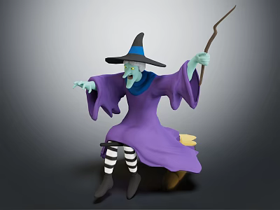 Witch Character Riding Broomstick With Purple Robe Black Pointed Hat Green Skin And Magic Wand 3d model