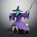Witch Character Riding Broomstick With Purple Robe Black Pointed Hat Green Skin And Magic Wand