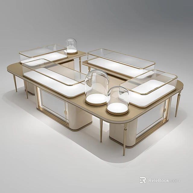 Elegant Modern Display Shelves With Glass Tops Gold Frames And Transparent Domes 3d model 