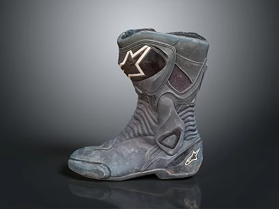 Dark Colored Motorcycle Boots With White Star Logo And Protective Design For Riding 3d model