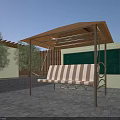 Outdoor Metal Frame Chair with Stripe Cushion and Canopy Shade in Garden Patio