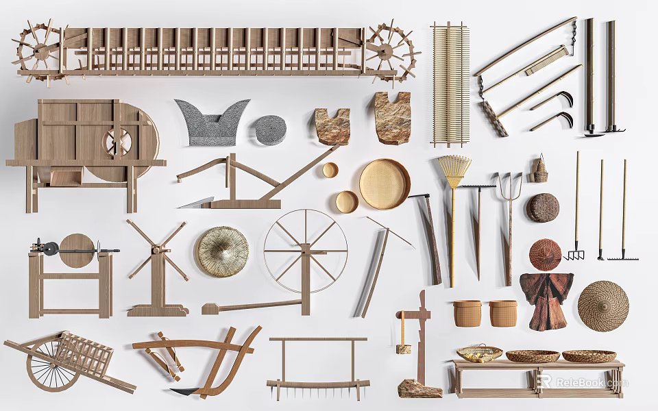 Decorative Vintage Wooden Garden Ornaments Including Windmills Baskets Rakes And Tools 3d model 