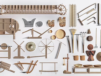 Decorative Vintage Wooden Garden Ornaments Including Windmills Baskets Rakes And Tools 3d model