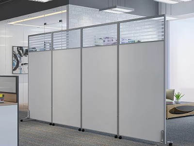 Modern Office Interior With White Movable Partition Metal Frame Dividing Space Furniture Green Plant 3d model
