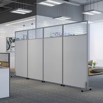 Modern Office Interior With White Movable Partition Metal Frame Dividing Space Furniture Green Plant 3d model