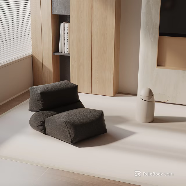 Gray Fabric Leisure Chair In Modern Interior With Wooden Elements And White Storage 3d model 