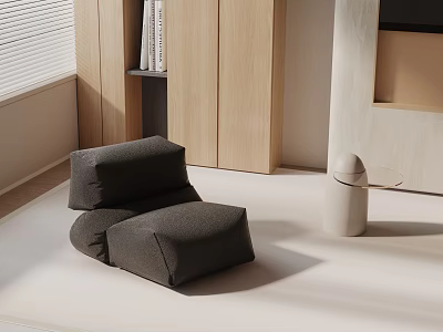 Gray Fabric Leisure Chair In Modern Interior With Wooden Elements And White Storage 3d model