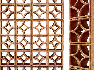 Wooden Room Divider With Geometric Pattern And Arched Panel Design 3d model