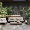 Roof Garden Design With Comfortable Sofa Coffee Table Plants Trees And Stone Wall