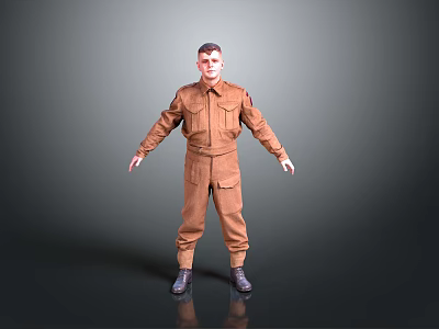 Male Model In Brown Work Overalls Standing With Arms Outstretched On Gray Background 3d model