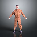 Male Model In Brown Work Overalls Standing With Arms Outstretched On Gray Background