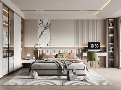 Modern Bedroom Interior With Bed Decorative Painting Wardrobe Rug Desk And Chair 3d model