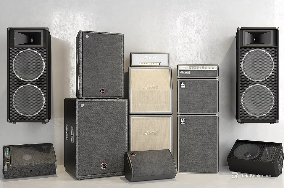 Various Sizes Audio Speakers Collection With Stacked Design And Different Styles 3d model 