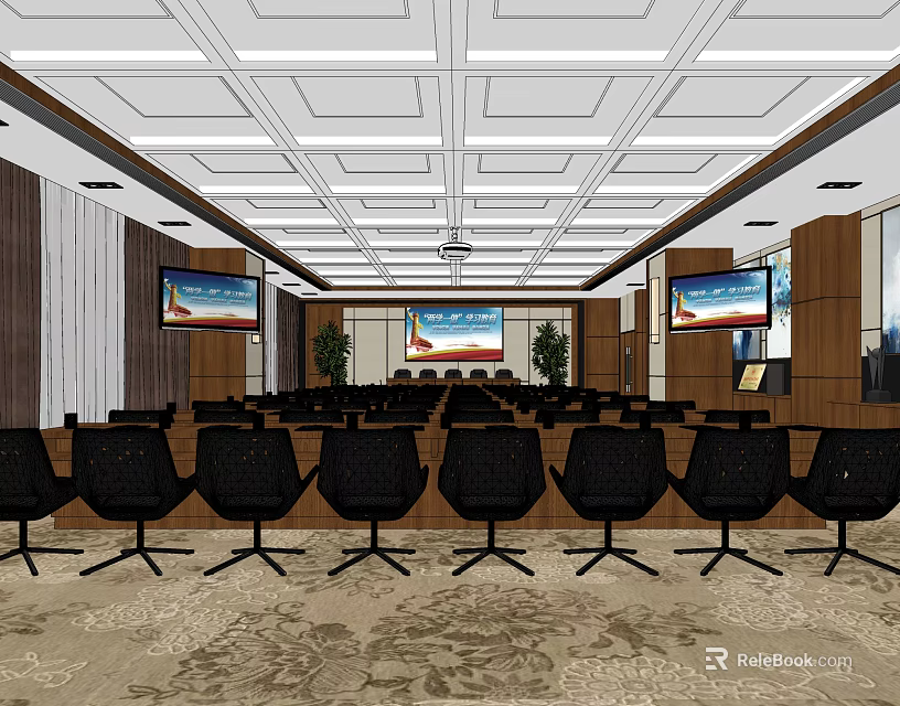 Modern Conference Room Interior Layout With Black Chairs Large Screens Wooden Walls And Patterned Carpet 3d model 