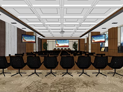 Modern Conference Room Interior Layout With Black Chairs Large Screens Wooden Walls And Patterned Carpet 3d model