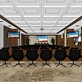 Modern Conference Room Interior Layout With Black Chairs Large Screens Wooden Walls And Patterned Carpet