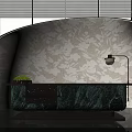Modern Reception Desk With Green Marble Countertop Golden Metal Frame Table Lamp And Potted Plant