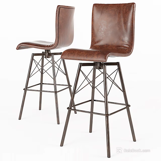 Modern Brown Leather Bar Stools With High Back And Sturdy Metal Frame Design 3d model 