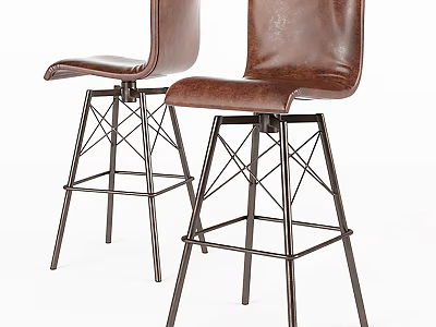 Modern Brown Leather Bar Stools With High Back And Sturdy Metal Frame Design 3d model