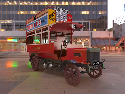 Vintage Red Double Decker Bus With DETARS And FUNNY DRIVER Signs On City Street 3d model