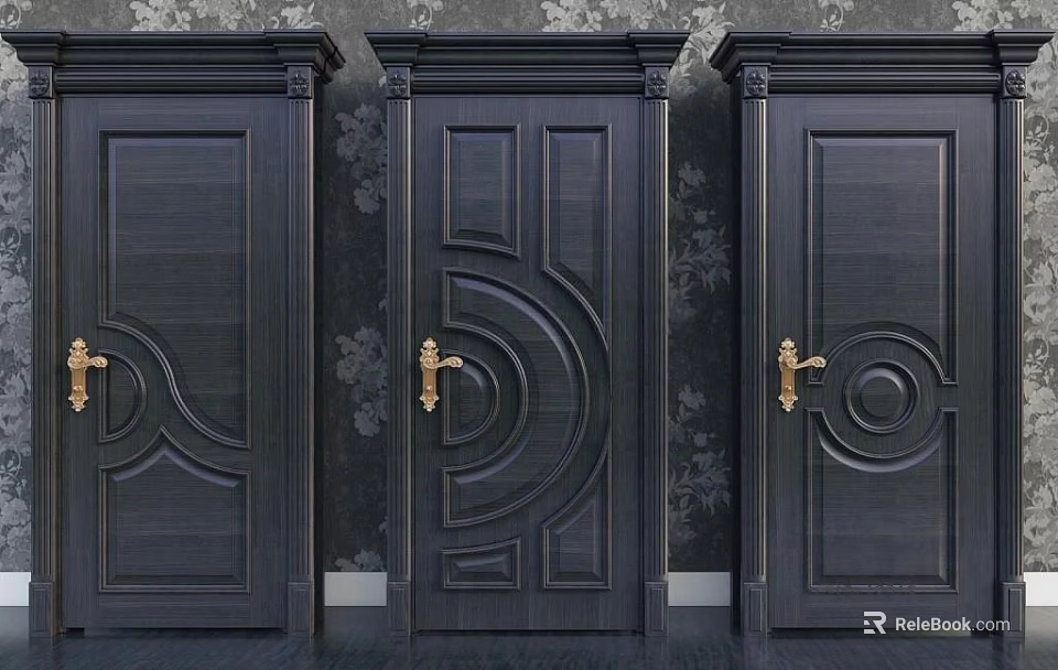 Elegant Black Swing Doors With Golden Handles And Carved Patterns On Decorative Wall 3d model 