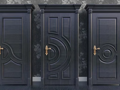 Elegant Black Swing Doors With Golden Handles And Carved Patterns On Decorative Wall 3d model