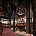 Elegant Restaurant Interior Featuring Spiral Ceiling Red Chairs Round Tables Wooden Stone Walls