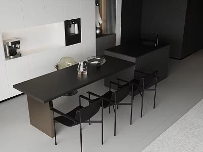 Modern Black Dining Table Set With Matching Chairs And White Kitchen Cabinets 3d model