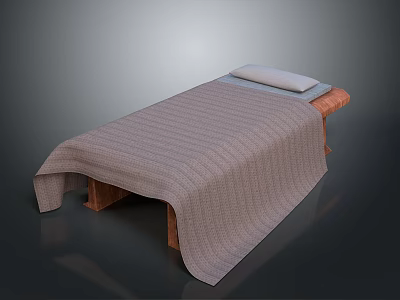 Comfortable Massage Table With Wooden Frame And Striped Blanket And White Pillow 3d model