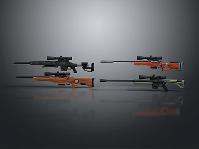 Various Sniper Rifles With Scopes In Different Colors And Tactical Designs 3d model