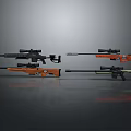 Various Sniper Rifles With Scopes In Different Colors And Tactical Designs