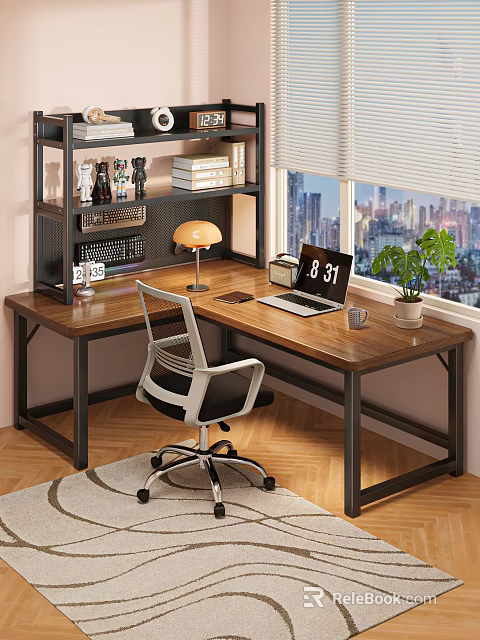 Wooden Desk And Chair Set With Metal Frame Lamp Laptop Green Plant By City View Window 3d model 