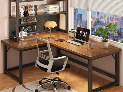 Wooden Desk And Chair Set With Metal Frame Lamp Laptop Green Plant By City View Window 3d model