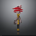 Stylish Cartoon Character With Red Mushroom Hat Yellow Coat Black Pants Yellow Boots Backpack