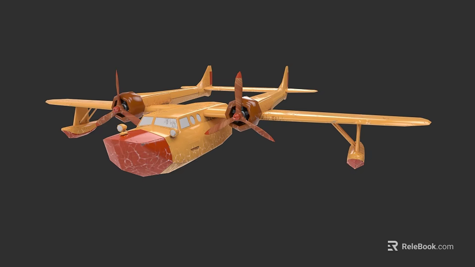 Yellow Seaplane With Twin Propellers And Floats On Black Background 3d model 