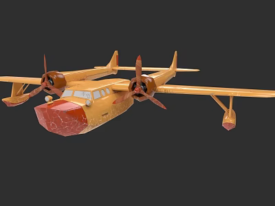 Yellow Seaplane With Twin Propellers And Floats On Black Background 3d model