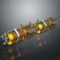 Two Yellow Brown Cylindrical Ordnance Devices With Metal Straps Fins And Dark Surface Reflection