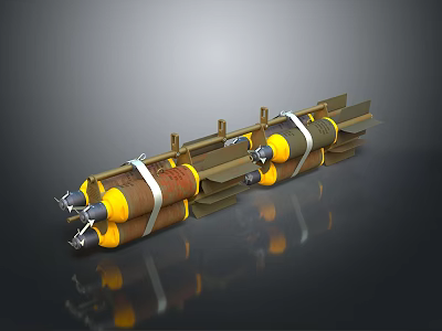 Two Yellow Brown Cylindrical Ordnance Devices With Metal Straps Fins And Dark Surface Reflection 3d model