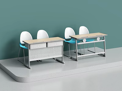 Modern Desk and Chair Set with Wooden Desktop Metal Frame and White Chairs 3d model